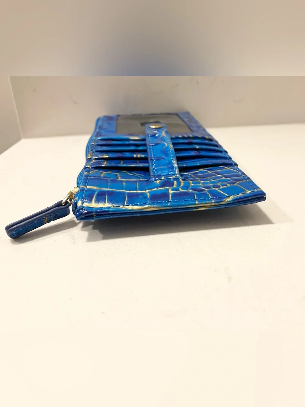 Brahmin Credit Card Wallet Blue Gold Croc Embossed Melbourne Leather Slim ID